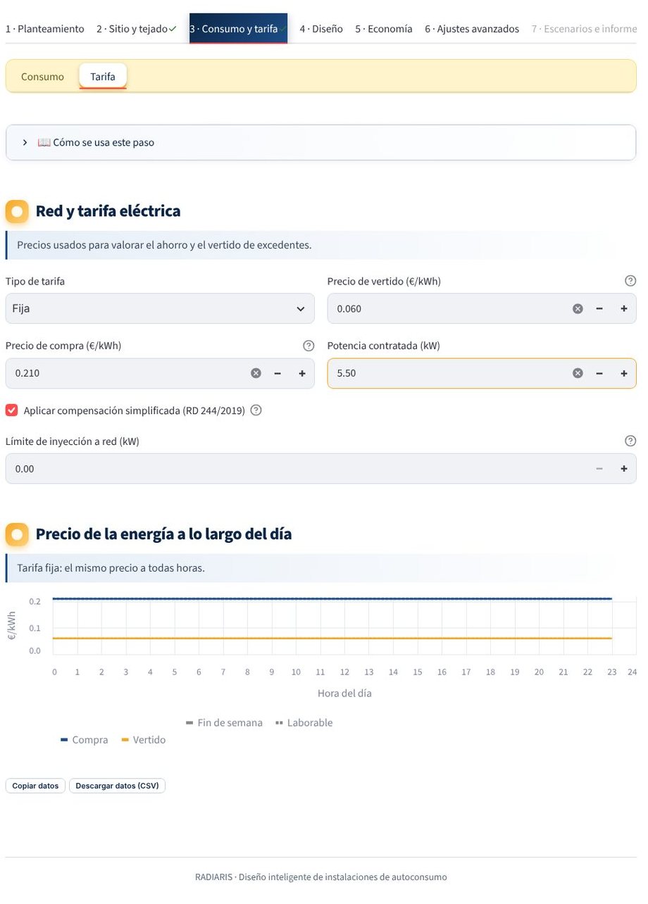 Pantalla de la aplicación con la barra lateral y las pestañas de los pasos