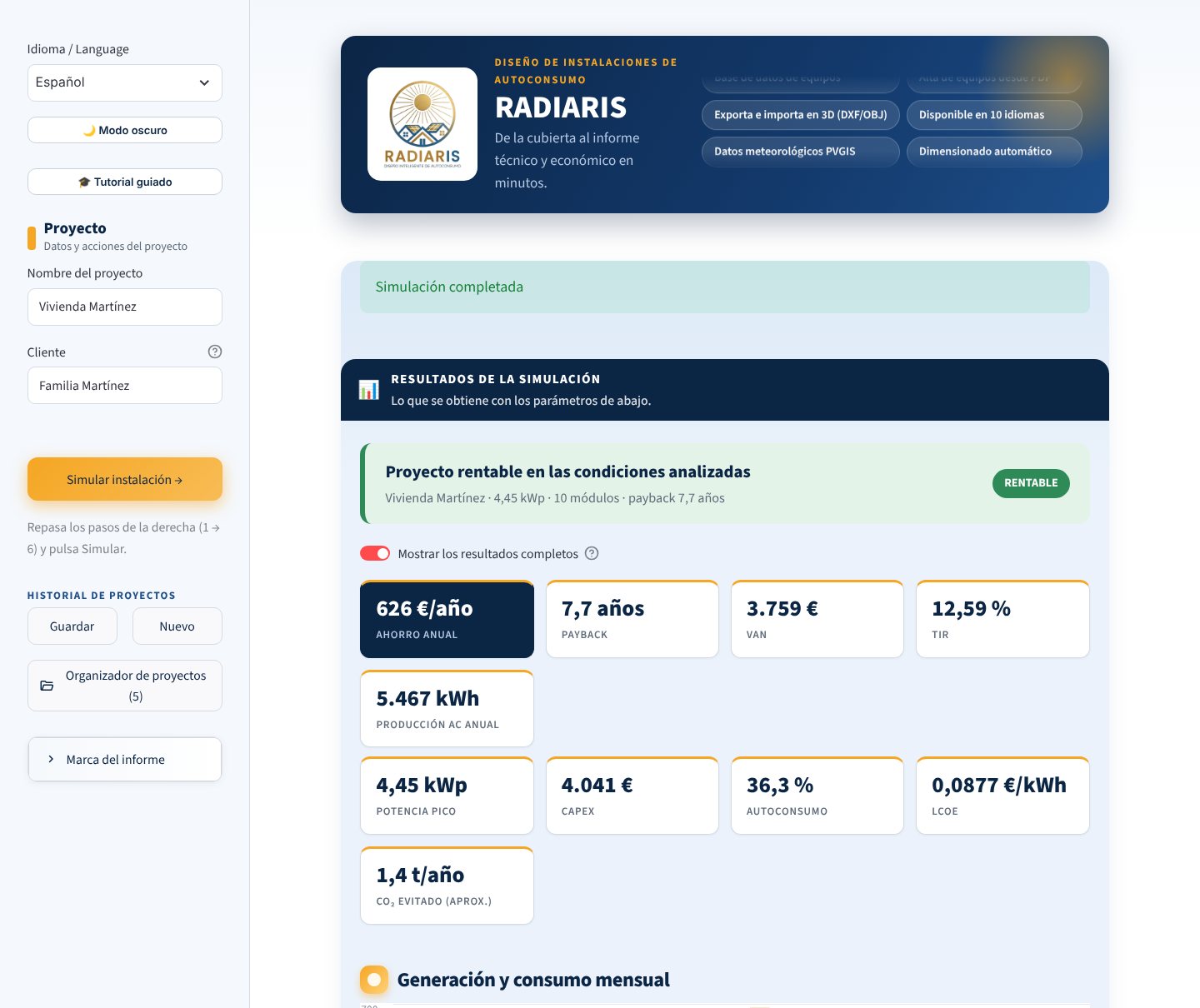Resultados de una simulación en Radiaris: ahorro anual, payback, VAN y TIR